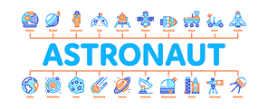 Astronaut Equipment Minimal Infographic Web Banner Vector. Astronaut Spacesuit And Helmet, Shuttle And Satellite, Rocket And Asteroid Concept Illustrations
