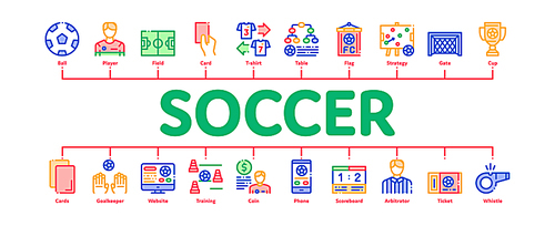 Soccer Football Game Minimal Infographic Web Banner Vector. Soccer Playing Ball, Player And Arbitrator Man Silhouette, Cup And Whistle Concept Illustrations