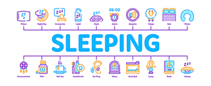 Sleeping Time Devices Minimal Infographic Web Banner Vector. Sleeping Human Silhouette, Pillow And Bed, Clock And Book, Moon And Cup Of Tea Concept Illustrations