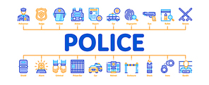 Police Department Minimal Infographic Web Banner Vector. Policeman Silhouette, Police Badge And Body Armor, Helmet And Gun And Truncheon Concept Illustrations