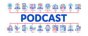 Podcast And Radio Minimal Infographic Web Banner Vector. Internet Global Live Broadcasting Podcast, Headphones, Microphone And Antenna Concept Illustrations