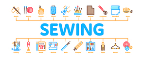 Sewing And Needlework Minimal Infographic Web Banner Vector. Sewing Needle And Measure, Dummy And Bobbin, Button And Fabric Color Concept Illustrations