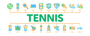 Tennis Game Minimal Infographic Web Banner Vector. Racket And Tennis Field, Cup And Tracksuit, Ball Basket And Player Color Concept Illustrations