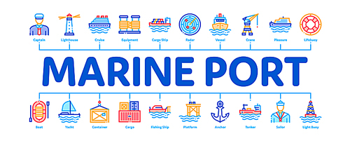 Marine Port Transport Minimal Infographic Web Banner Vector. Port Dock And Harbor, Lighthouse And Anchor, Captain And Sailor, Crane And Ship Color Concept Illustrations