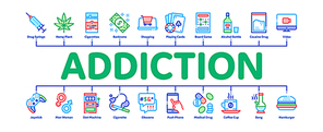 Addiction Bad Habits Minimal Infographic Web Banner Vector. Alcohol And Drug, Shopping And Gambling, Hemp, Smoking And Junk Food Addiction Color Illustrations