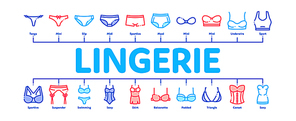 Lingerie Bras Panties Minimal Infographic Web Banner Vector. Fashion Bra And Pants, Bikini And Swimsuit, Lingerie Underwear Color Concept Illustrations