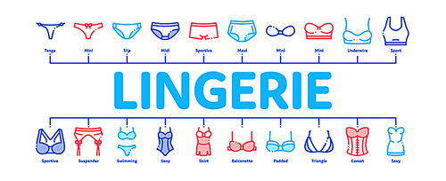 Lingerie Bras Panties Minimal Infographic Web Banner Vector. Fashion Bra And Pants, Bikini And Swimsuit, Lingerie Underwear Color Concept Illustrations