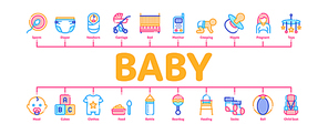 Baby Clothes And Tools Minimal Infographic Web Banner Vector. Baby And Pregnancy Woman, Stroller And Diaper, Toys And Nipple Concept Illustrations