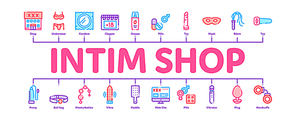 Intim Shop Sex Toys Minimal Infographic Web Banner Vector. Intim Shop Building And Internet Web Site, Collar And Handcuffs, Mask And Condom Concept Illustrations