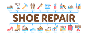 Shoe Repair Equipment Minimal Infographic Web Banner Vector. Shoes Repair Tools And Scissors, Sewing Machine And Hammer, Cream And Brush Concept Illustrations