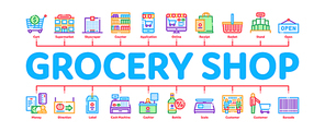 Grocery Shop Shopping Minimal Infographic Web Banner Vector. Internet Grocery Shop Or In Super Market, Scales And Cash Machine Concept Illustrations