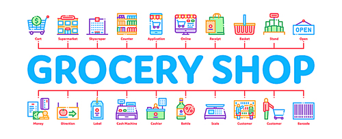 Grocery Shop Shopping Minimal Infographic Web Banner Vector. Internet Grocery Shop Or In Super Market, Scales And Cash Machine Concept Illustrations