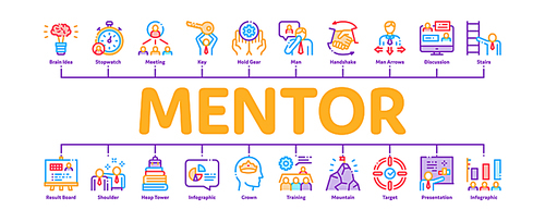 Mentor Relationship Minimal Infographic Web Banner Vector. Human Holding Key And Gear, Stopwatch And Mountain With Flag, Mentor Illustrations