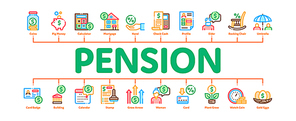 Pension Retirement Minimal Infographic Web Banner Vector. Money in Glass Bottle And Box, Calculator And Clock, Pension Finance Concept Illustrations