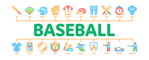 Baseball Game Tools Minimal Infographic Web Banner Vector. Baseball Bat And Ball, Protection Helmet And Glove, Stopwatch And Cup Concept Illustrations