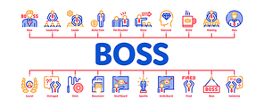 Boss Leader Company Minimal Infographic Web Banner Vector. Boss On Tablet And Cup With Crown, Meeting And Presentation, Fired And Document Concept Illustrations