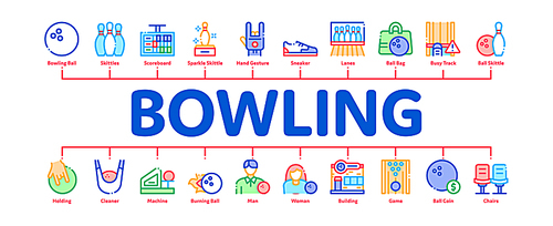 Bowling Game Tools Minimal Infographic Web Banner Vector. Bowling Ball and Skittle, Building And Stool, Scoreboard And Shoe, Player And Hand Gesture Concept Illustrations