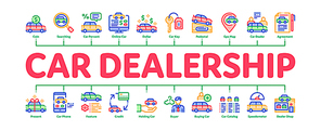 Car Dealership Shop Minimal Infographic Web Banner Vector. Car Dealership Agreement And Document, Auto Salon And Building, Key And Gps Mark Concept Illustrations