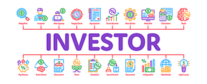 Investor Financial Minimal Infographic Web Banner Vector. Investor With Money Dollar And Lightbulb, Brain With Percentage Mark And Document Concept Illustrations