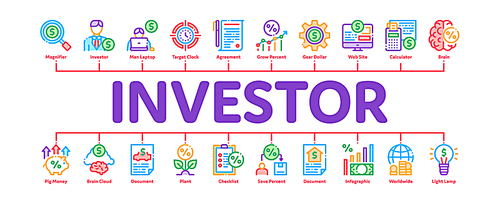 Investor Financial Minimal Infographic Web Banner Vector. Investor With Money Dollar And Lightbulb, Brain With Percentage Mark And Document Concept Illustrations