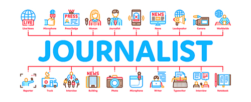 Journalist Reporter Minimal Infographic Web Banner Vector. Journalist And Hand With Microphone, Video And Photo Camera, Press And Live News Concept Illustrations