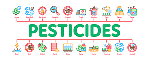 Pesticides Chemical Minimal Infographic Web Banner Vector. Pesticides For Agricultural Field Processing By Plane, Bottle Spray And Equipment Concept Illustrations
