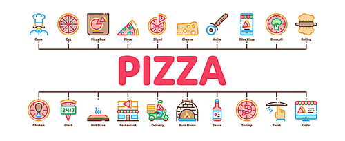 Pizza Delicious Food Minimal Infographic Web Banner Vector. Pizza With Seafood And Vegetable, With Chicken And Cheese, Cook And Delivery Concept Illustrations