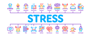 Stress And Depression Minimal Infographic Web Banner Vector. Anti Stress Pills And Alcoholic Drink Bottle, Angry Human And With Burning Head Concept Illustrations