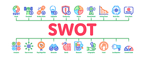 Swot Analysis Strategy Minimal Infographic Web Banner Vector. Swot Infographics And Broken Chain, Lightbulb, Shield And Brain With Gear Concept Illustrations