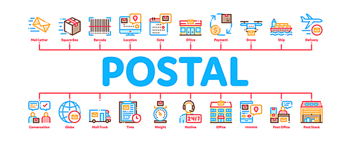 Postal Transportation Company Minimal Infographic Web Banner Vector. Hotline Support And Postal Building, Ship And Airplane, Drone Delivery And Truck Concept Linear Pictograms. Color Contour Illustrations