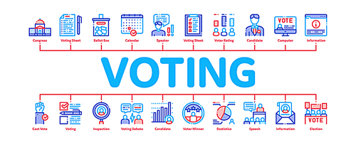 Voting And Election Minimal Infographic Web Banner Vector. Congress Building And Monitor, Calendar And Human Silhouette Democracy Voting Concept Illustrations
