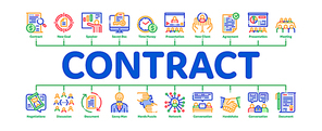 Contract Minimal Infographic Web Banner Vector. Human Silhouette And Hands, Handshake And Agreement Contract Document With Pen Concept Illustrations