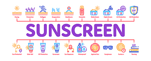 Sunscreen Minimal Infographic Web Banner Vector. Sun Lotion And Medical Cream, Protection Skin And Human Silhouette, Sunscreen Concept Illustrations