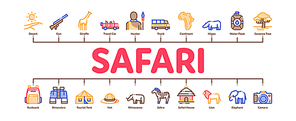 Safari Travel Minimal Infographic Web Banner Vector. Animal And Africa, Car And Tree, Human Silhouette And Hat Safari Adventure Concept Illustrations