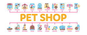 Pet Shop Minimal Infographic Web Banner Vector. Shop Building And Aquarium, Bowl And Collar, Gaming Accessory And Medicaments Concept Illustrations