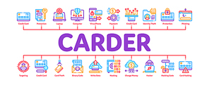 Carder Hacker Minimal Infographic Web Banner Vector. Carder Silhouette And Smartphone, Bug And Fraud Virus, Laptop And Card Concept Illustrations