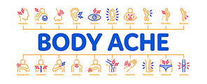 Body Ache Minimal Infographic Web Banner Vector. Headache And Toothache, Backache And Arthritis, Stomach And Muscle Ache, Eye And Foot Pain Illustrations