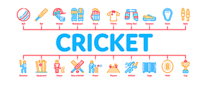 Cricket Game Minimal Infographic Web Banner Vector. Cricket Ball And Bat, T-shirt And Spike Sneakers, Gaming Equipment And Cup Illustrations