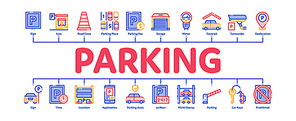 Parking Car Minimal Infographic Web Banner Vector. Garage And Parking Mark, Video Camera And Automatic Barrier, Vehicle And Key Concept Illustrations