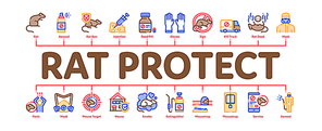 Rat Protect Minimal Infographic Web Banner Vector. Rat Control Service, Human Silhouette And Protective Mask, Gloves And Spray Concept Illustrations
