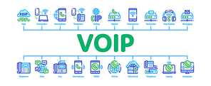 Voip Calling System Minimal Infographic Web Banner Vector. Server For Voice Ip And Cloud, Smartphone And Phone, Wifi Mark And Headphones Concept Illustrations