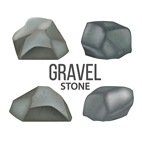 Gravel Stones, Heavy Fieldstones Debris Set Vector. Collection Of Solid Strong Stones Crag Detail For Building Fence Or Castle. Nature Block Slates Designed Colorful Template Realistic 3d Illustrations