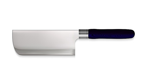 Cleaver Chrome Knife With Blue Wood Handle Vector. Cleaver With Especially Tough Edge For Repeated Blows Directly Into Thick Meat. Kitchen Utensil Concept Template Realistic 3d Illustration