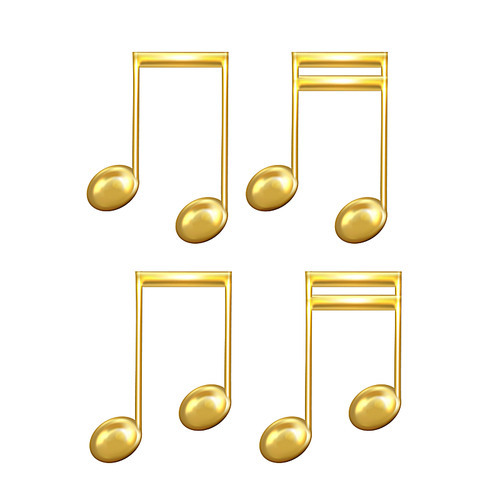 Musical Notes Symbols In Golden Color Set Vector. Collection Of Classic Music Beamed Connect Notes Of Shorter Value. Ottava And Quindicesima Musician Signs Concept Template 3d Illustrations