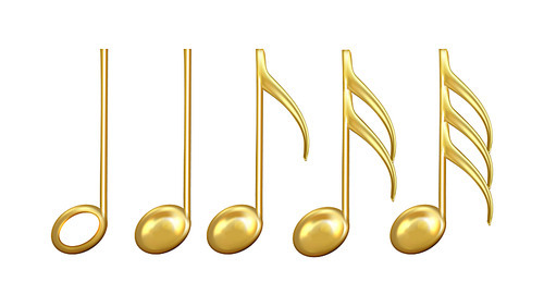 Musical Notes Signs In Golden Color Set Vector. Collection Of Classic Music Minim And Crotchet, Quaver, Semiquaver And Demisemiquaver Notes. Musician Symbols Concept Layout 3d Illustrations