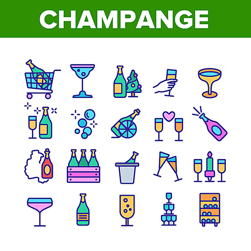 Champagne Beverage Collection Icons Set Vector Thin Line. Bottle Champagne In Bucket And Box, Glasses With Alcoholic Drink Concept Linear Pictograms. Color Illustrations
