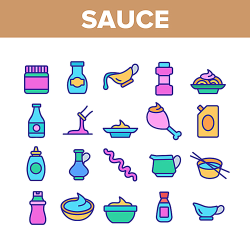 Sauce Spicy Cream Collection Icons Set Vector Thin Line. Ketchup, Mustard And Olive Oil Bottles And Containers, On Chicken Leg Concept Linear Pictograms. Color Illustrations