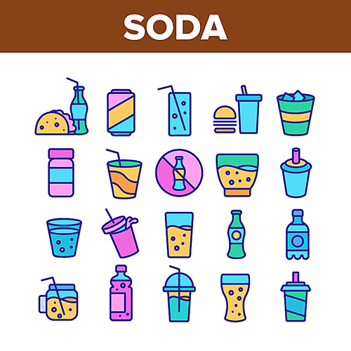 Soda Aqua Beverage Collection Icons Set Vector Thin Line. Soda Bottle And In Glass Cup, With Tube And Ice Cubes, Tacos And Hamburger Concept Linear Pictograms. Color Illustrations