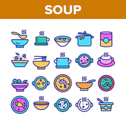 Soup Different Recipe Collection Icons Set Vector Thin Line. Delicious Soup With Vegetables And Mushrooms, With Fish And Shrimps Concept Linear Pictograms. Color Illustrations