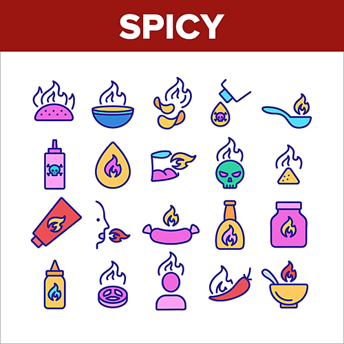 Spicy Sauce And Food Collection Icons Set Vector Thin Line. Spicy Pepper And Chips, Tacos And Sausage, Burning Human And Skull Concept Linear Pictograms. Color Illustrations